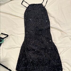 Express Black and Silver Sequin Halter Mini Dress